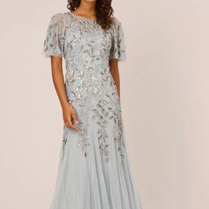 LONG FLORAL BEADED GOWN WITH FLUTTER SLEEVES IN BLUE HEATHER size 16 NWT!